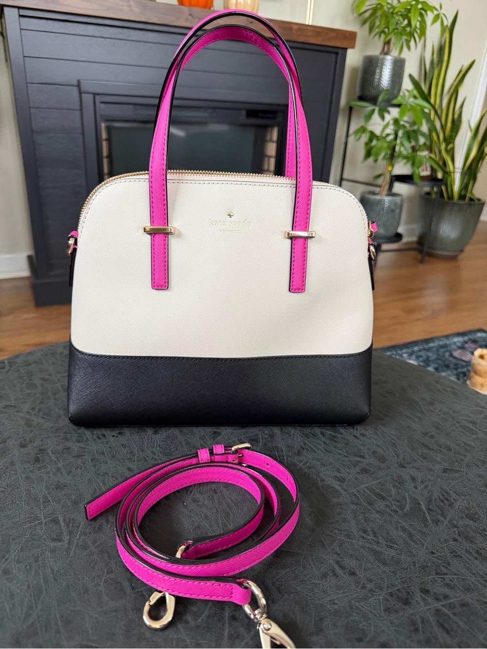 kate spade Dome Satchel in cream, Black & Hot Pink